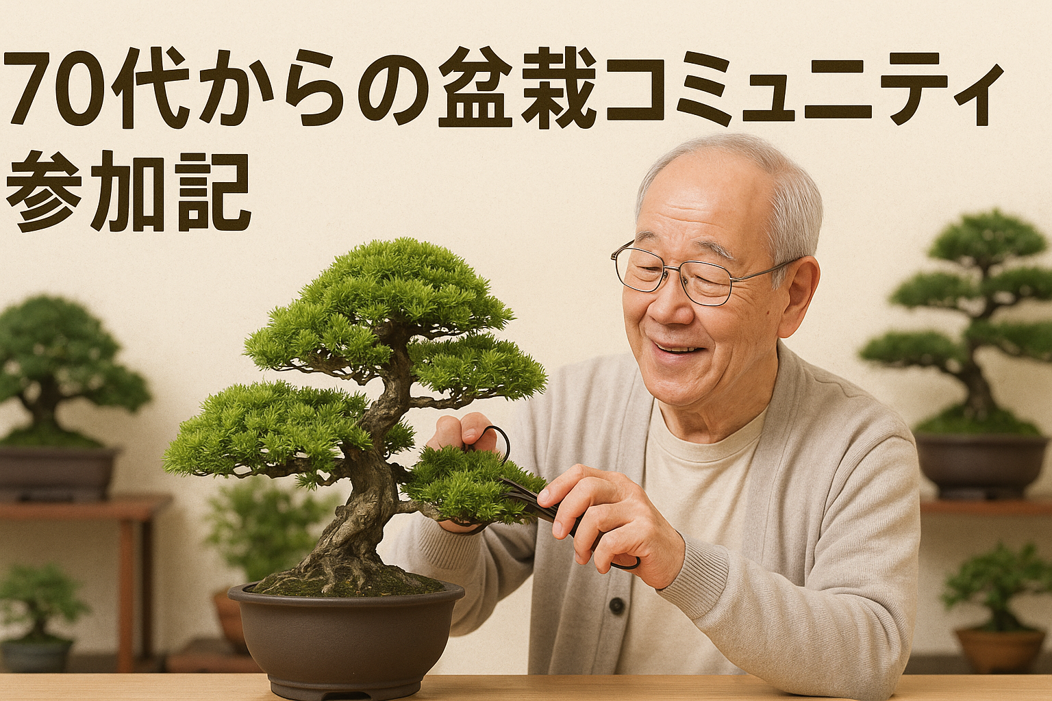 72歳の女性が盆栽教室で他の参加者と楽しく交流している様子